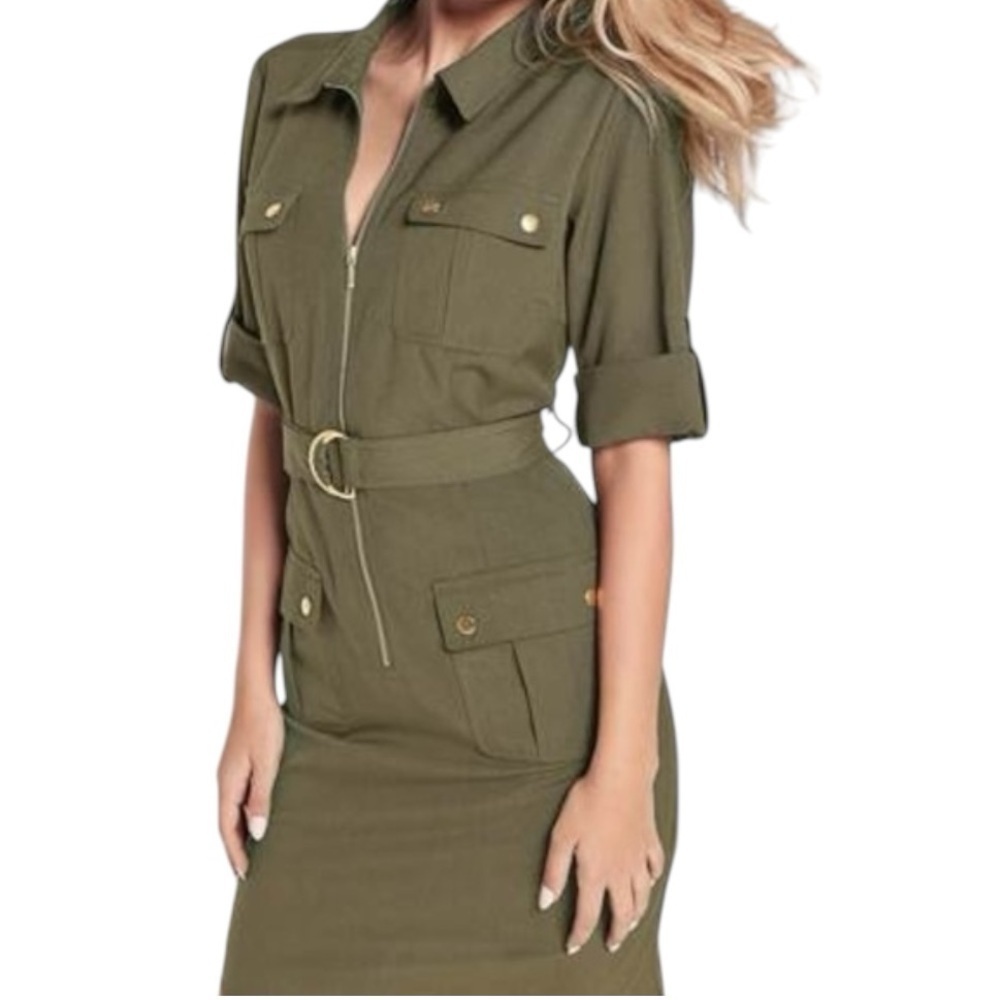 SHARAGANO Olive Green Belted Cargo Midi Dress Size 10 Work Casual Vacation Gold